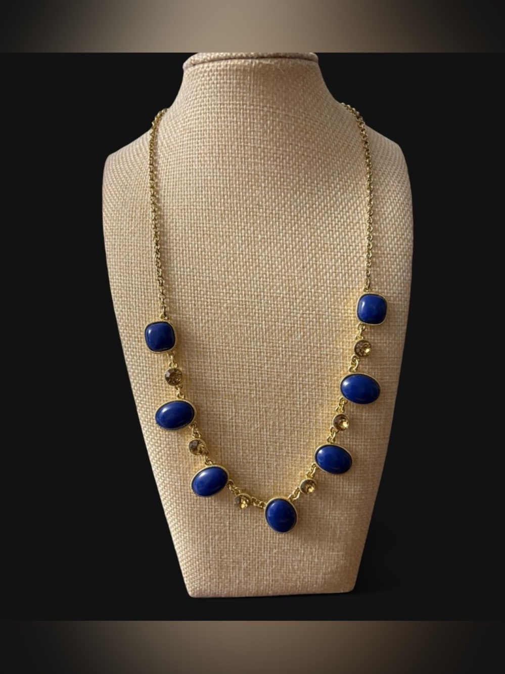 Monet Royal Blue Cabochon Gold Tone Statement Station Necklace